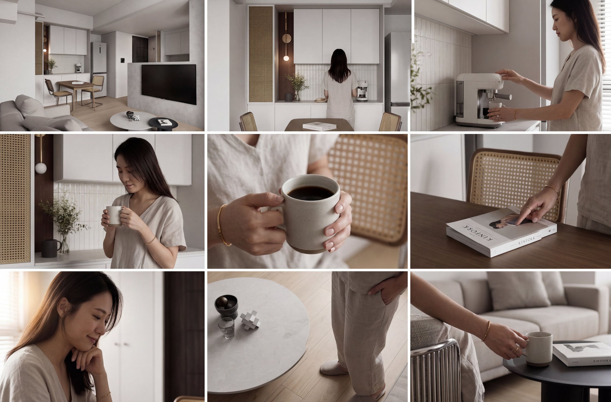 九宮格生活情境：人物與奶茶色住宅渲染的敘事組圖