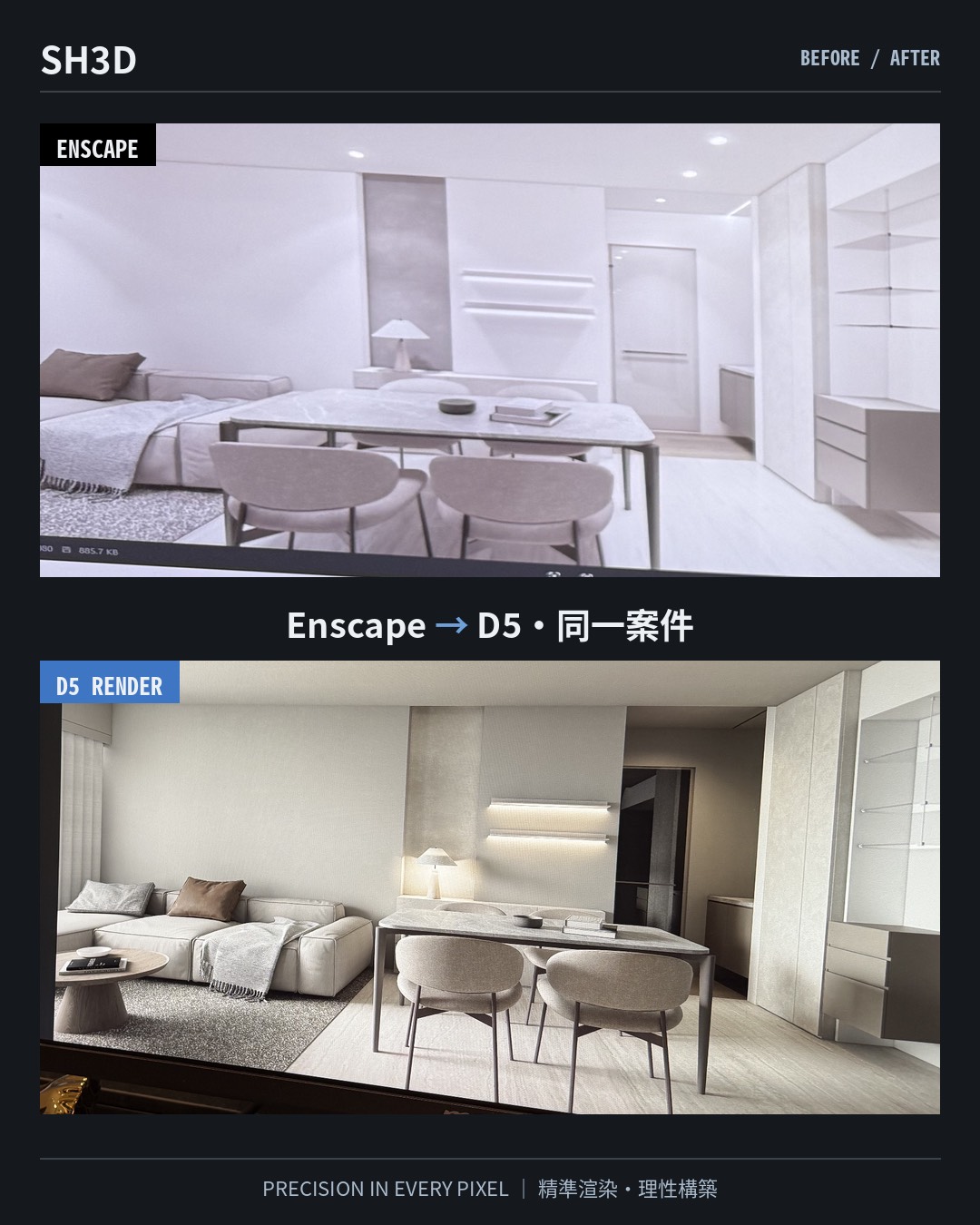 Before / After：同一案件由 Enscape 轉為 D5 Render，客餐廳光影與材質質感對照