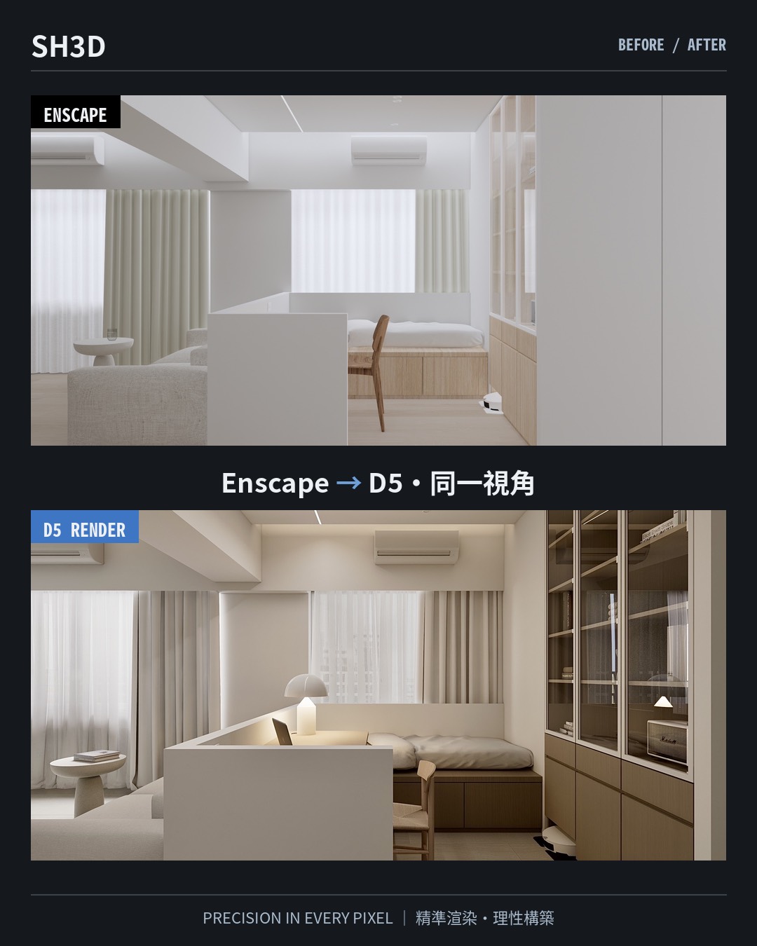 Before / After：同一視角由 Enscape 轉為 D5 Render，臥室書房區光影層次對照